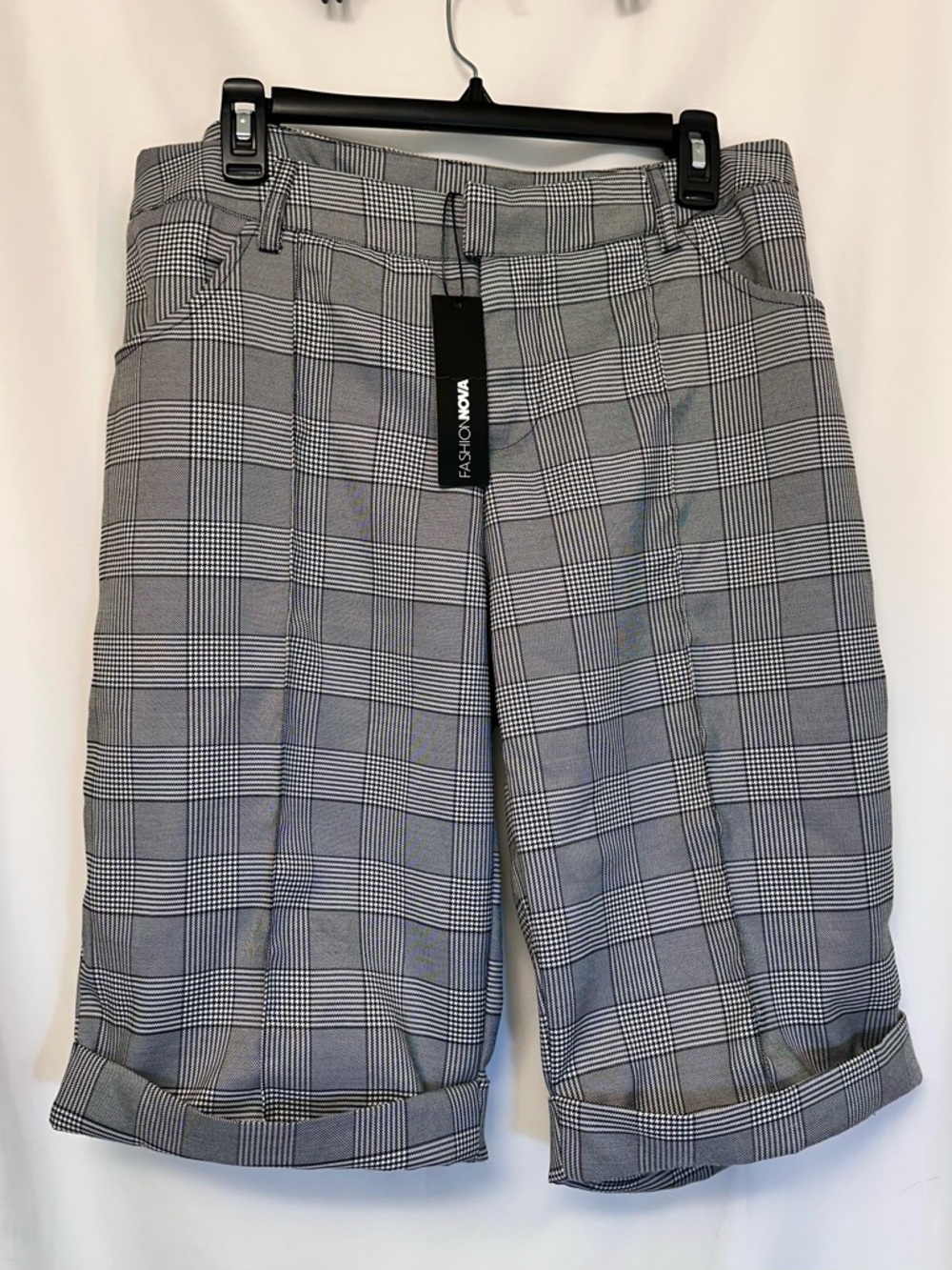 Fashion Nova Plaid Trouser Shorts Black White Size L High Waist Cuffed